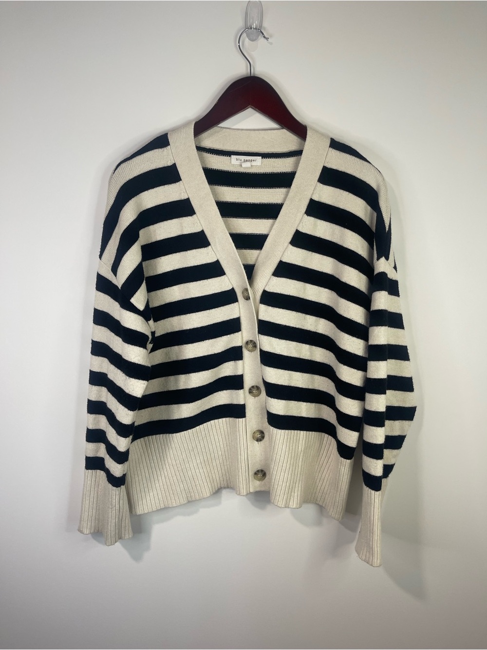 Blu Pepper Black & Cream Striped V-Neck Button Front Cardigan